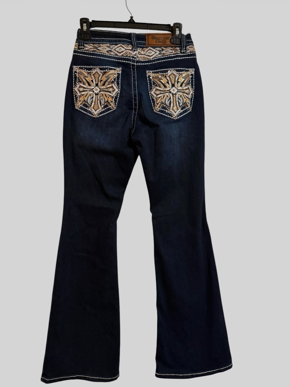 Embellished Dark Blue Flare Jeans with Decorative Back Pockets